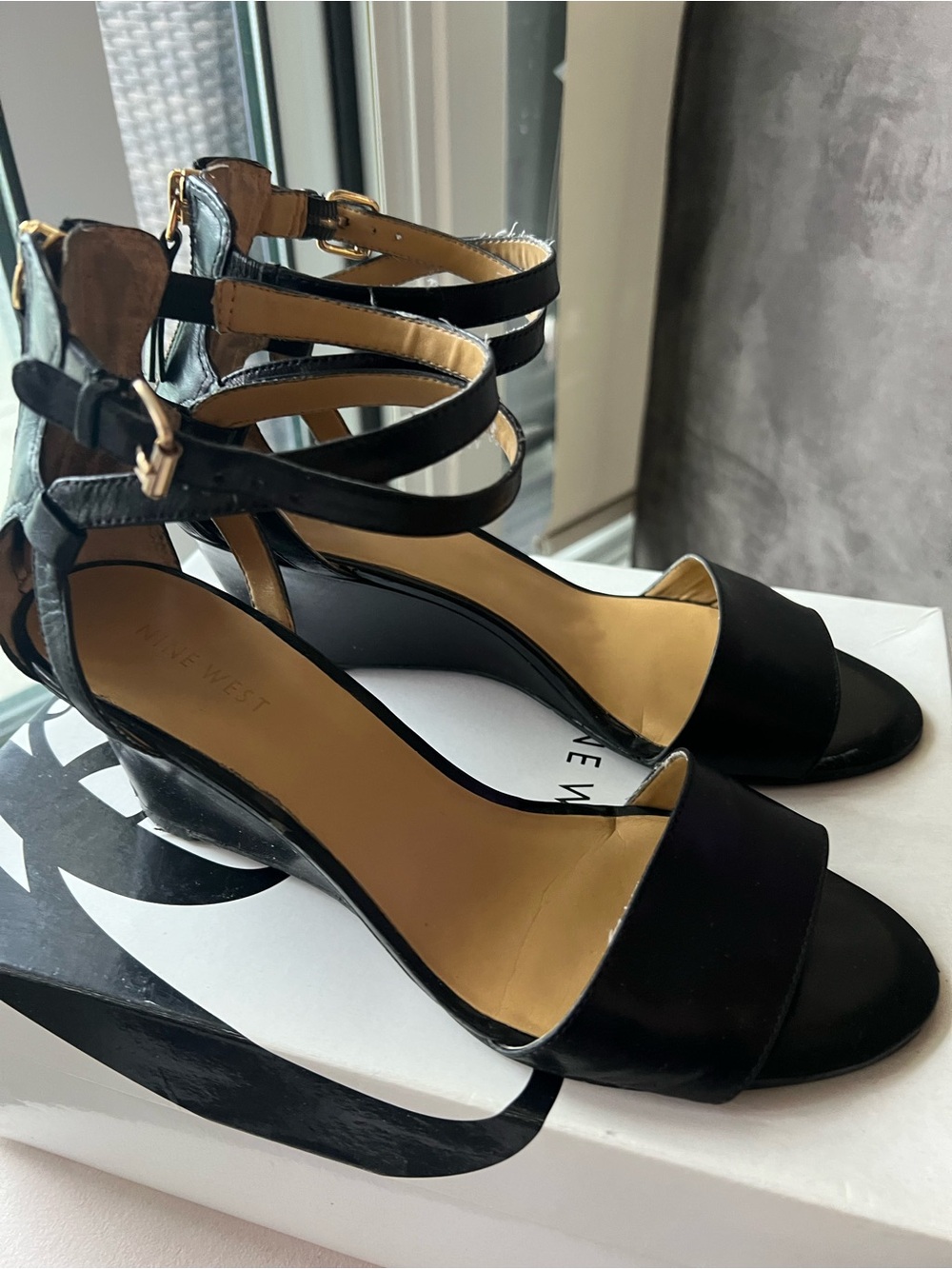 Nine West Black Strappy Low Wedge Sandals
